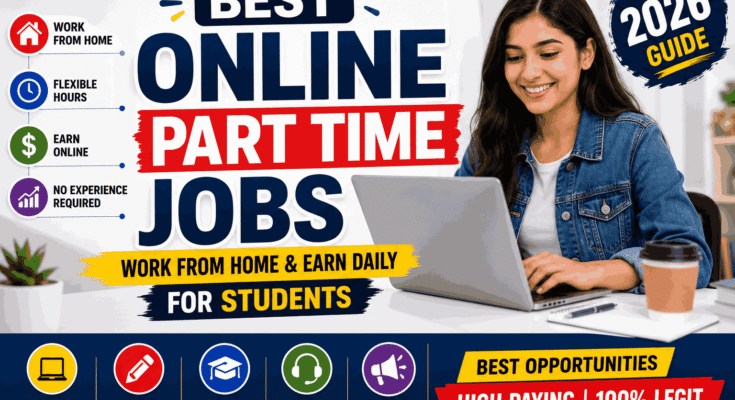 Best Online Part Time Jobs for Students 2026 feature image showing work from home, typing jobs online, freelance work, and remote job opportunities.
